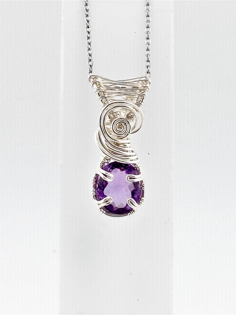 HANDMADE Amethyst Silver Filled Wire Wrapped Pendant Necklace, Artisan Jewelry